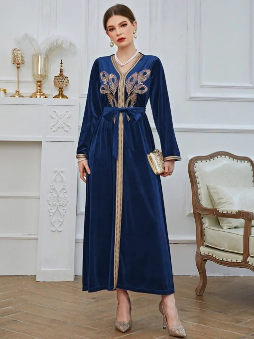 Gorgeous Navy Blue Ankle-Length Embroidered Muslim Evening Gown