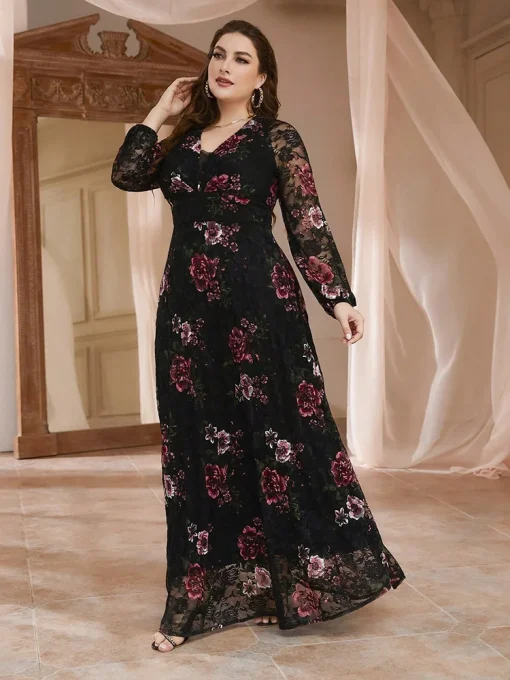 Elegant Plus Size Lace Mesh Floral Print Party Dress - Image 2