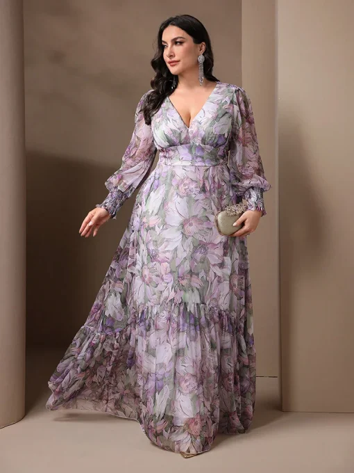 Plus Size Floral Print Lantern Sleeve V-Neck Long Dress - Image 3