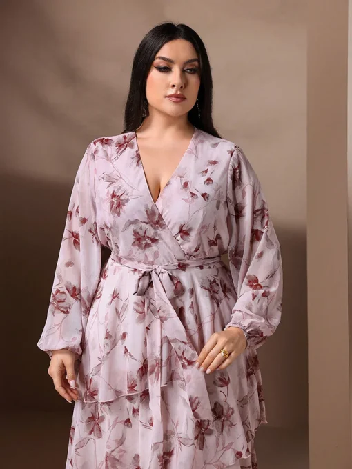 Plus Size V-Neck Floral Print Belted Maxi Dress - Image 3