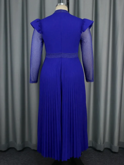 Blue High Neck See-Through Mesh Pleated Evening Party Dress - Image 3