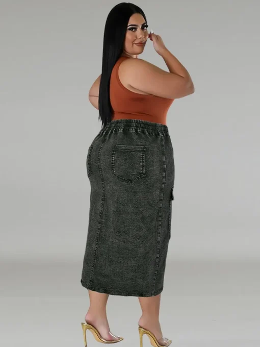 Plus Size High Waist Slit Denim Pencil Skirt - Image 3