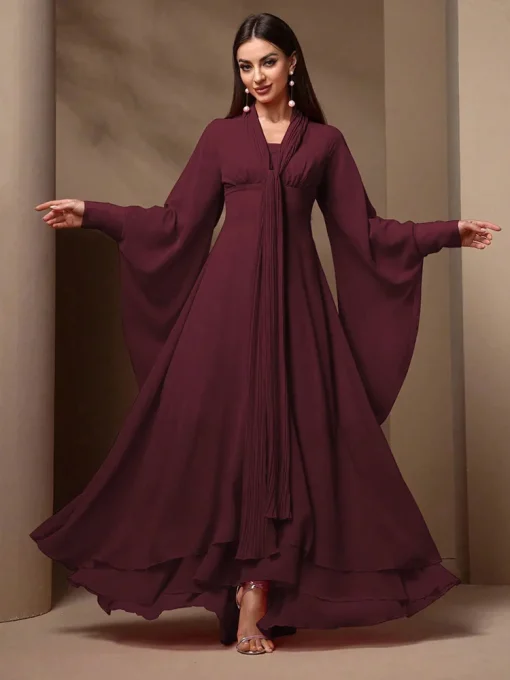 Solid Color Bell Sleeve Fit and Flare Chiffon Maxi Dress - Image 4