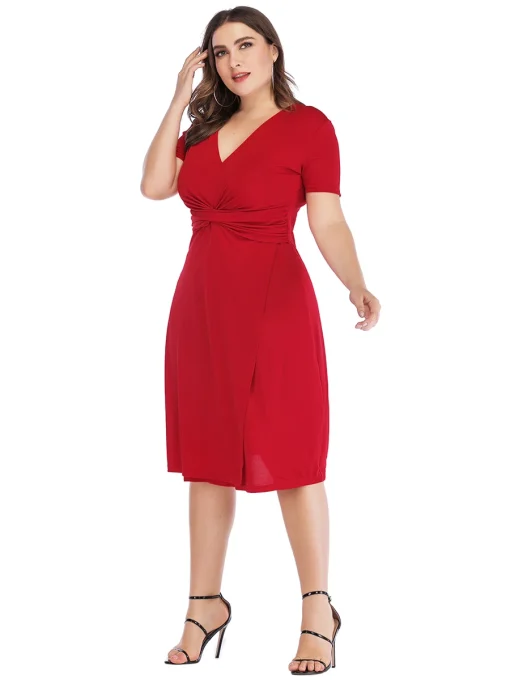 Plus Size V-Neck High Waist Casual Midi Dress - Image 5