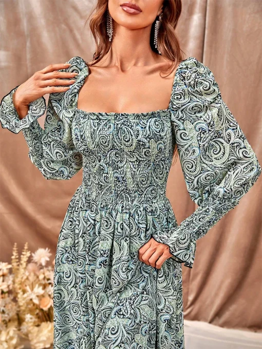 Women's Floor-Length Vintage Chiffon Printed Lantern Sleeve Dress - Image 6