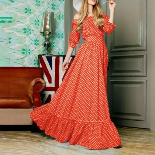 Bohemian Off-Shoulder Polka Dot Maxi Dress - Image 8