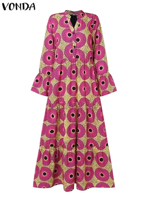 Fashion Plus Size Printed Maxi Dress with Flare Sleeves - Image 2