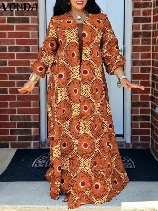 Plus Size Women’s Printed Vintage Maxi Autumn Dress - Image 2