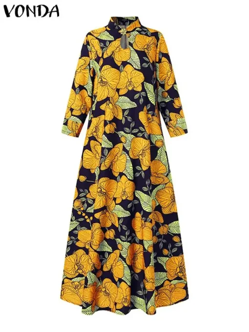 Elegant Floral Printed Maxi Dress, 3/4 Sleeve Sundress - Image 3