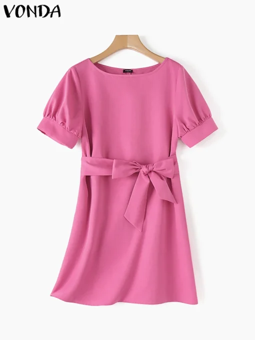 Women's Elegant Puff Sleeve Belted Mini Summer Dress - Image 2