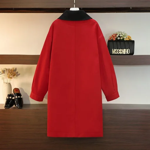 Plus Size Women's Red Woolen Button Long Sleeve Overcoat