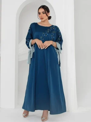 Retro Satin Long Sleeve Dress with Pleated Diamond Detail