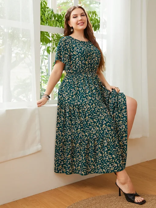 Elegant Plus Size Floral Printed O-Neck Casual Party Dress - Image 4