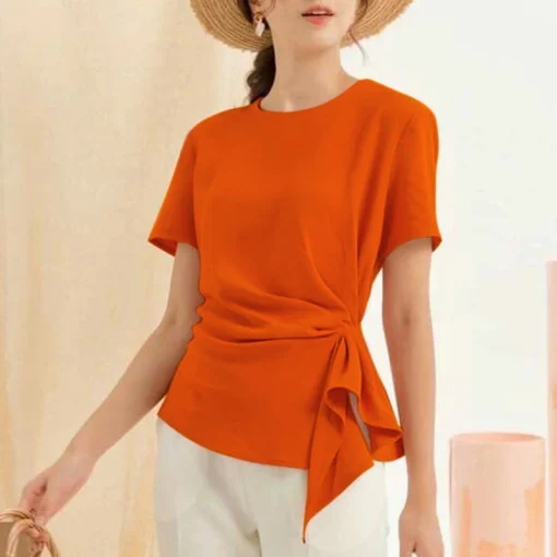 Women’s Elegant Loose Short Sleeve Solid Color Blouse