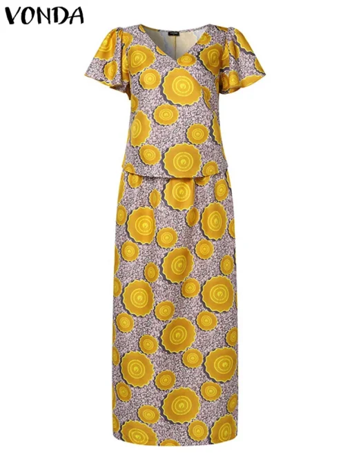 Elegant V-Neck Maxi Dress Set with Printed Skirt - Image 2