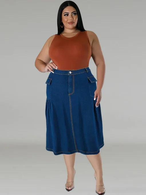 Plus Size High Waist Button A-Line Denim Midi Skirt - Image 2