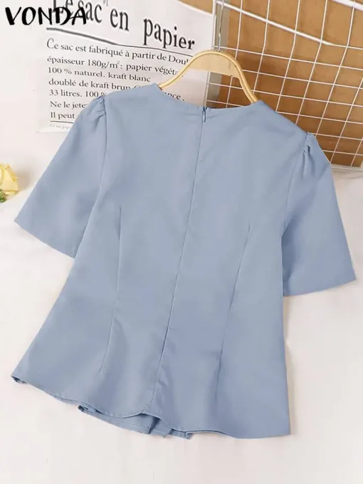 Women's Elegant Puff Sleeve Pleated Summer Blouse - Image 3