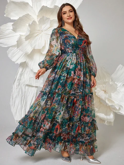 Plus Size Floral Print V-Neck Lantern Sleeve Maxi Dress - Image 4