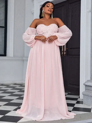 Plus Size Lace Patchwork Strapless A-Line Boho Maxi Dress