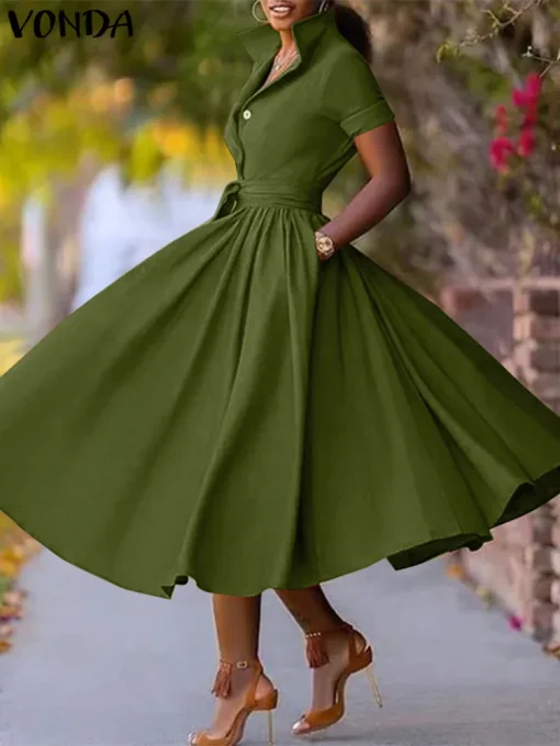 Elegant Mid-Calf Dress for Women with Belt and Collar