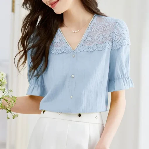 Women’s Elegant Lace Puff Sleeve Office Blouse