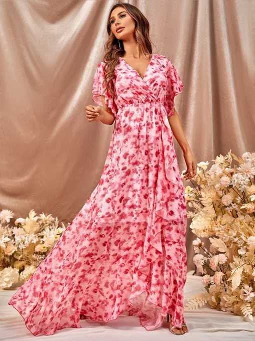 Stylish Summer Chiffon A-Line Maxi Dress with Ruffled Sleeves - Image 4