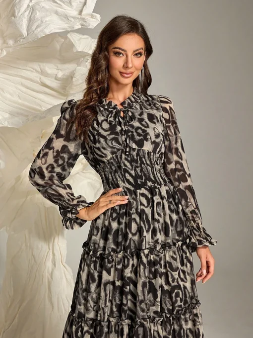 Leopard Print Ruffled Collar Long Sleeve Maxi Dress - Image 3