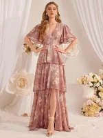 Elegant V-Neck Floral Printed Tiered Ruffle Hem Maxi Dress