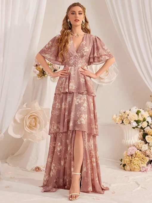 Elegant V-Neck Floral Printed Tiered Ruffle Hem Maxi Dress