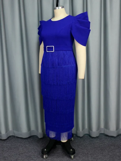 Blue Tassel Patchwork Slim Dress with Puff Sleeves - Image 3