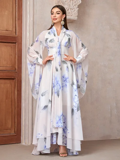 Elegant Floral V-Neck Maxi Dress with Flare Sleeves - Image 2