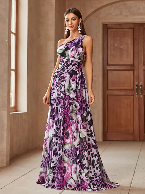 Elegant Asymmetrical Neckline Floral Leopard Print Ball Gown - Image 6