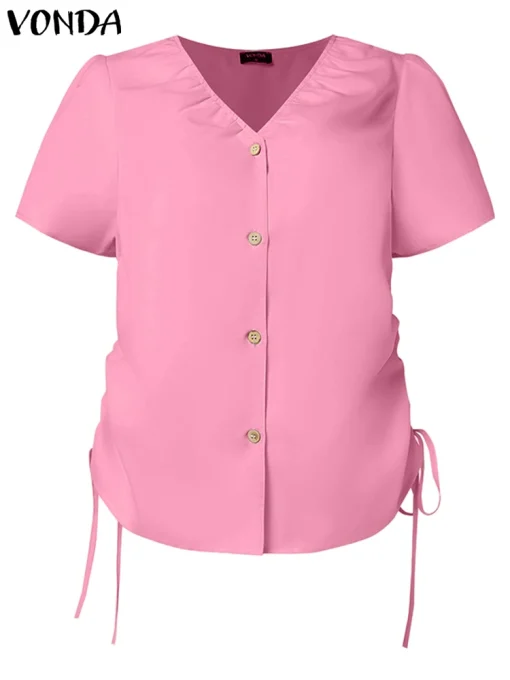 Stylish V-Neck Drawstring Tunic Shirts for Summer - Image 2