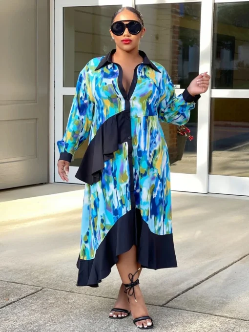 Plus Size Elegant Long Sleeve Midi Bohemian Dress