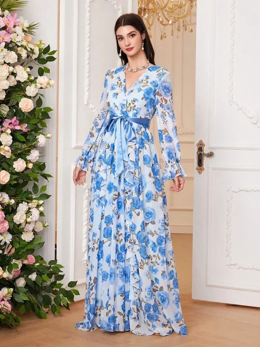 Elegant V-Neck Bell Sleeve Belted Floral Maxi Dress - Image 3