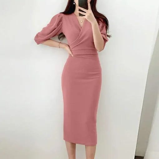 Elegant V-Neck Shirt Dress for Women, Summer Casual Midi Dress - Image 6