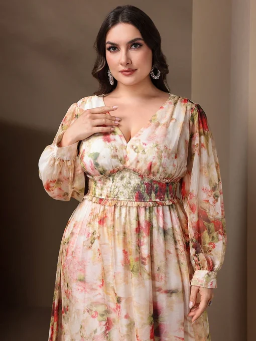 Plus Size Shirred Floral Print Long Sleeve Maxi Dress - Image 3