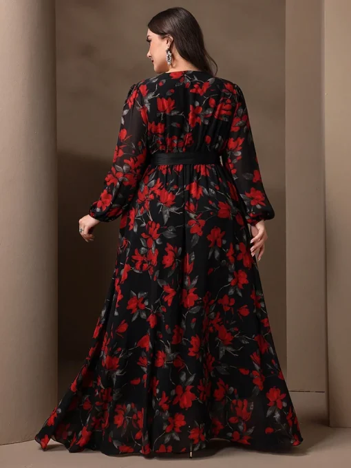 Plus Size Floral Print Lantern Sleeve Maxi Party Dress - Image 2