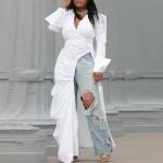 Women’s Elegant Irregular Hem Pleated Long Sleeve Blouse