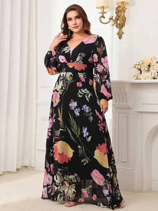 Plus Size Floral Printed V-Neck Long Sleeve Maxi Dress - Image 5