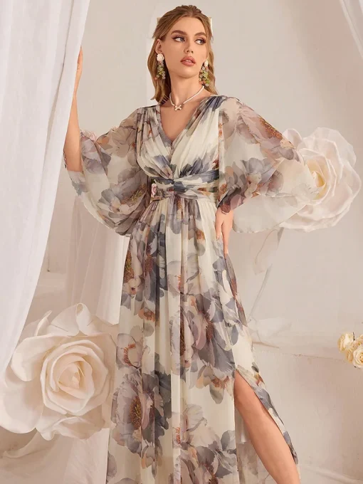 Floral Print Pleated Waist A-Line Split Sleeve Dress - Image 3