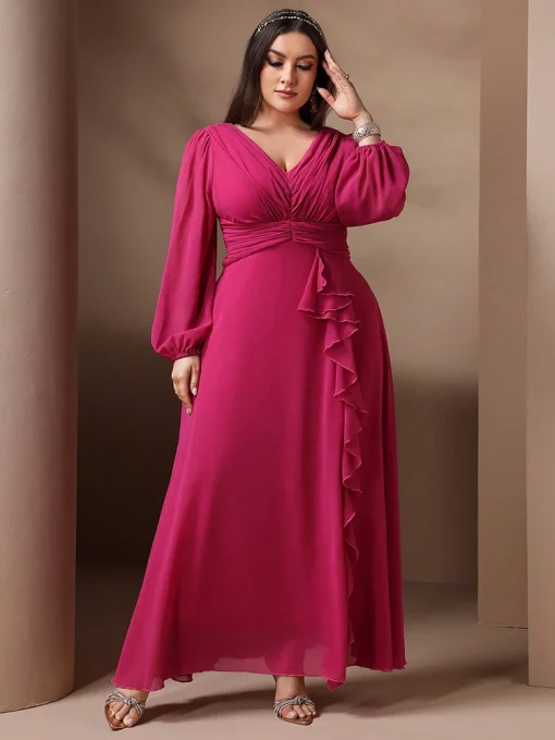 Plus Size Solid Color Ruffle Sleeve Formal Party Dress