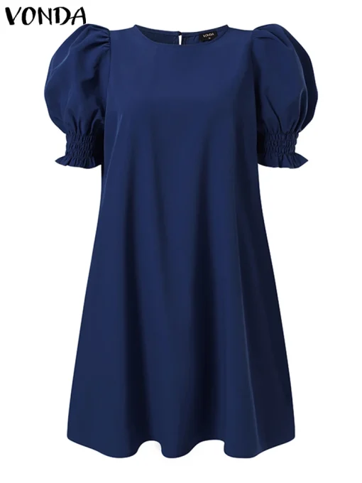 Women's Elegant Solid Color Puff Sleeve Summer Dress - Image 2