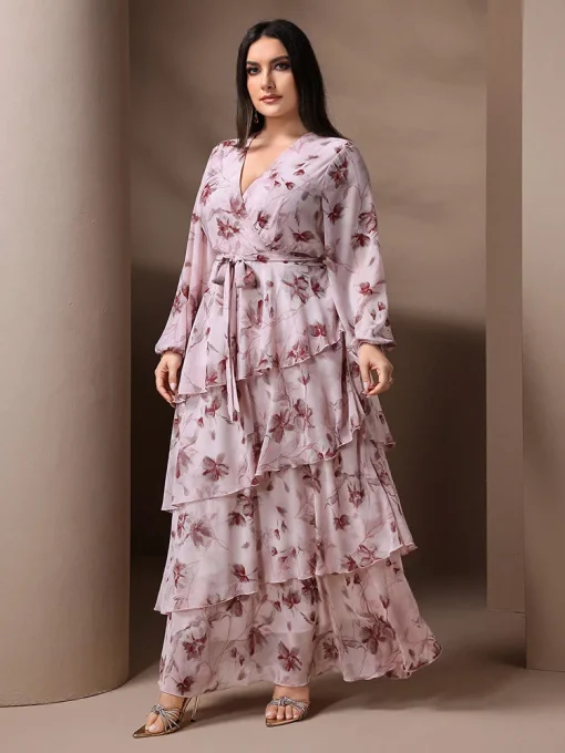 Plus Size V-Neck Floral Print Belted Maxi Dress - Image 5