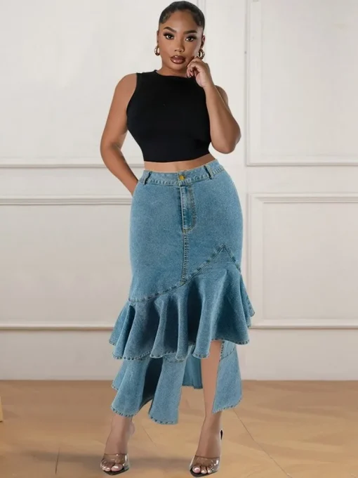 Plus Size High Waist Retro Denim Pencil Skirt