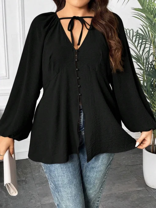 Elegant Plus Size Trumpet Sleeve V-Neck Blouse for Women - Image 5