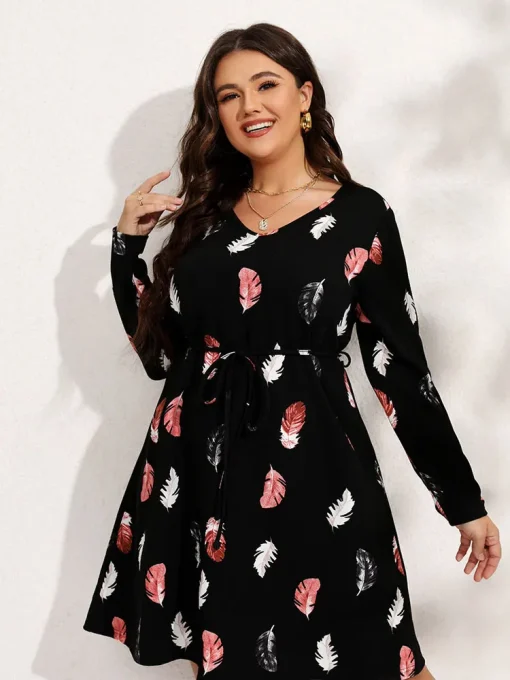 Plus Size Elegant Long Sleeve Feather Pattern Dress - Image 3