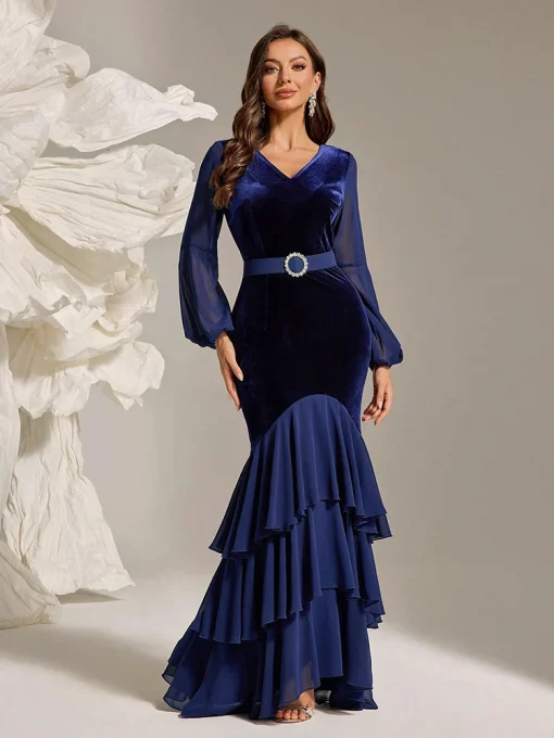 Women’s Velvet Fishtail Hem Slim Fit Evening Prom Gown - Image 4