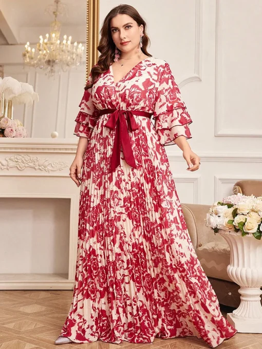 Plus Size Floral Print Pleated Hem Belted Evening Dress - Image 5