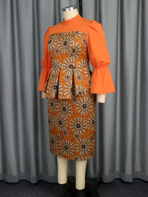 Orange Petal Printed Bodycon Midi Dress with Bell Sleeves - Image 4